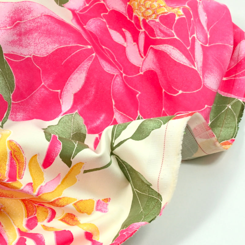 Satin de coton élasthanne lourd grosses fleurs rose et jaune