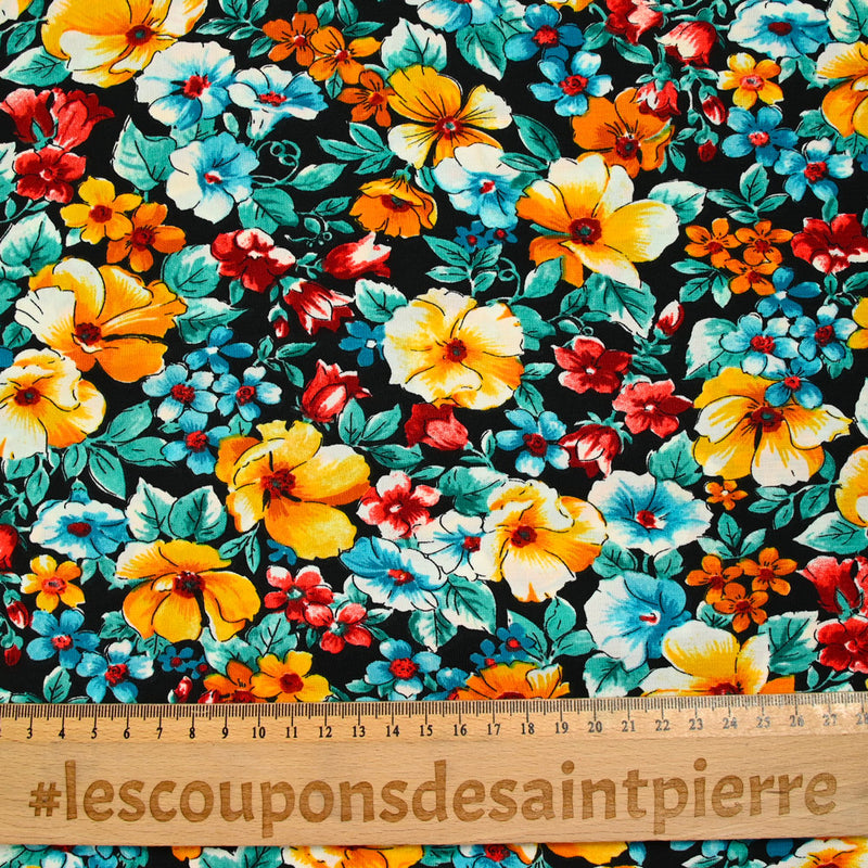 Microfibre imprimée polyester fleurs Nathacha fond noir