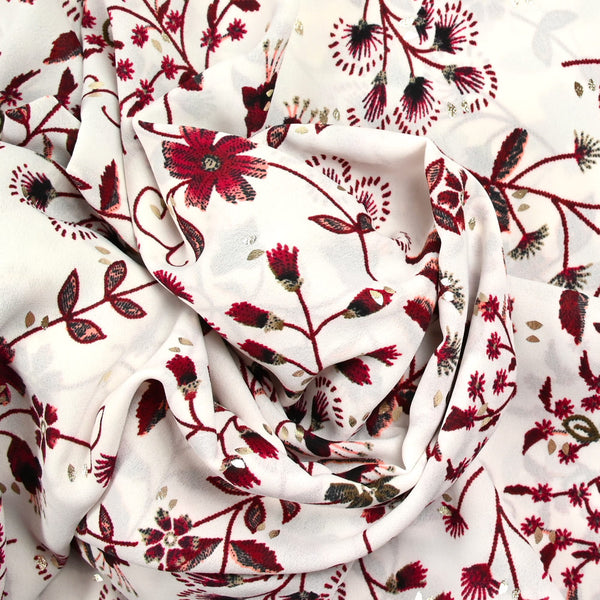 Crêpe polyester imprimé botanique fond blanc