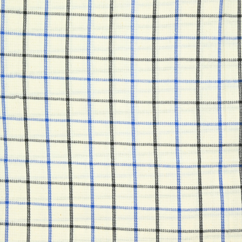 Coton à carreaux ligne bleu et noir fond écru