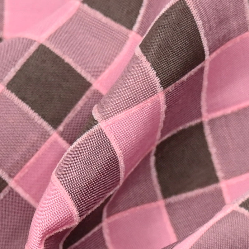 Polyviscose à carreaux ligne velours rose et taupe