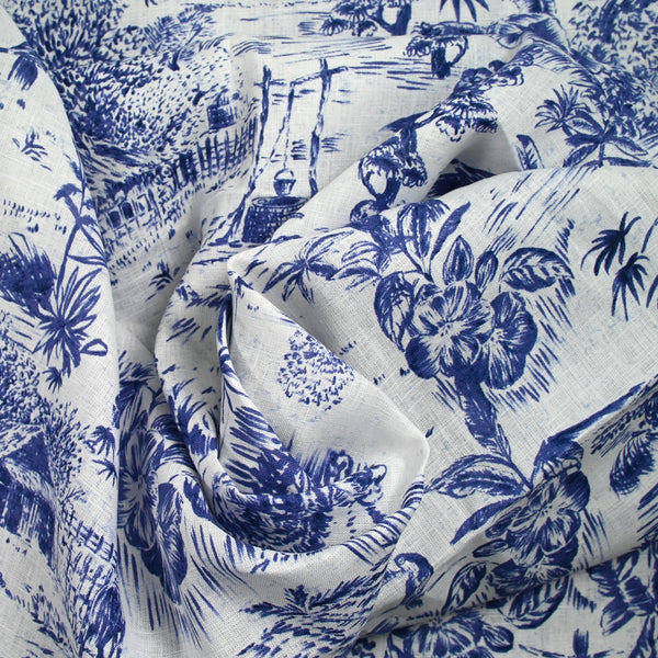 100% Lin imprimé nature vivante marine fond blanc