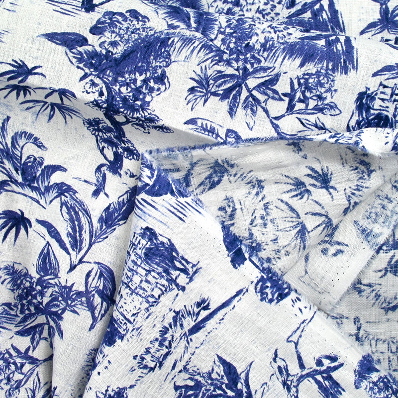 100% Lin imprimé nature vivante marine fond blanc