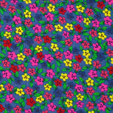 Velours de coton côtelé imprimé petites fleurs colorées fond bleu barbeau