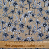 Lin et coton imprimé jungle et palmiers bleu fond grège