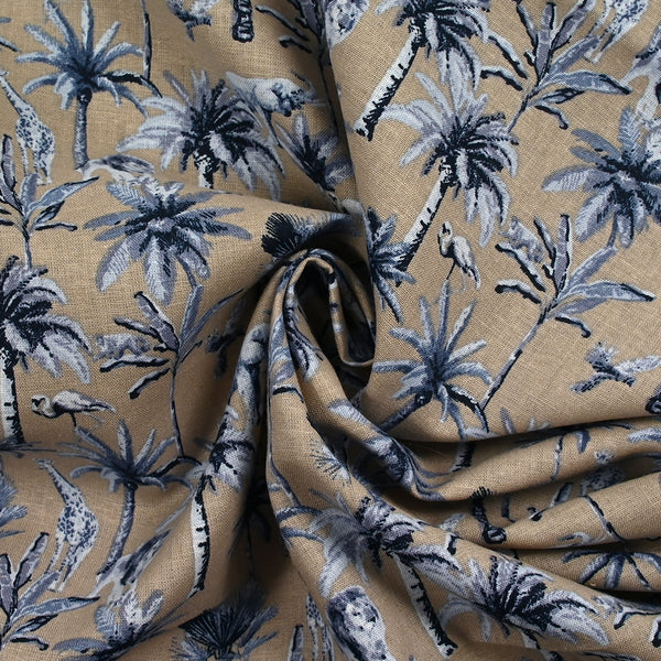 Lin et coton imprimé jungle et palmiers bleu fond grège