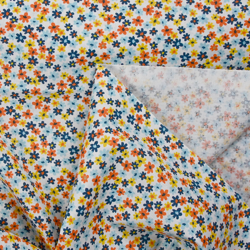 Coton imprimé fleurs de Chantale ciel et moutarde