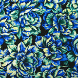 Satin viscose knit with blue hydrangea black background print