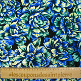 Satin viscose knit with blue hydrangea black background print
