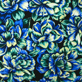 Satin viscose knit with blue hydrangea black background print