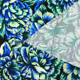 Satin viscose knit with blue hydrangea black background print