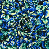 Satin viscose knit with blue hydrangea black background print