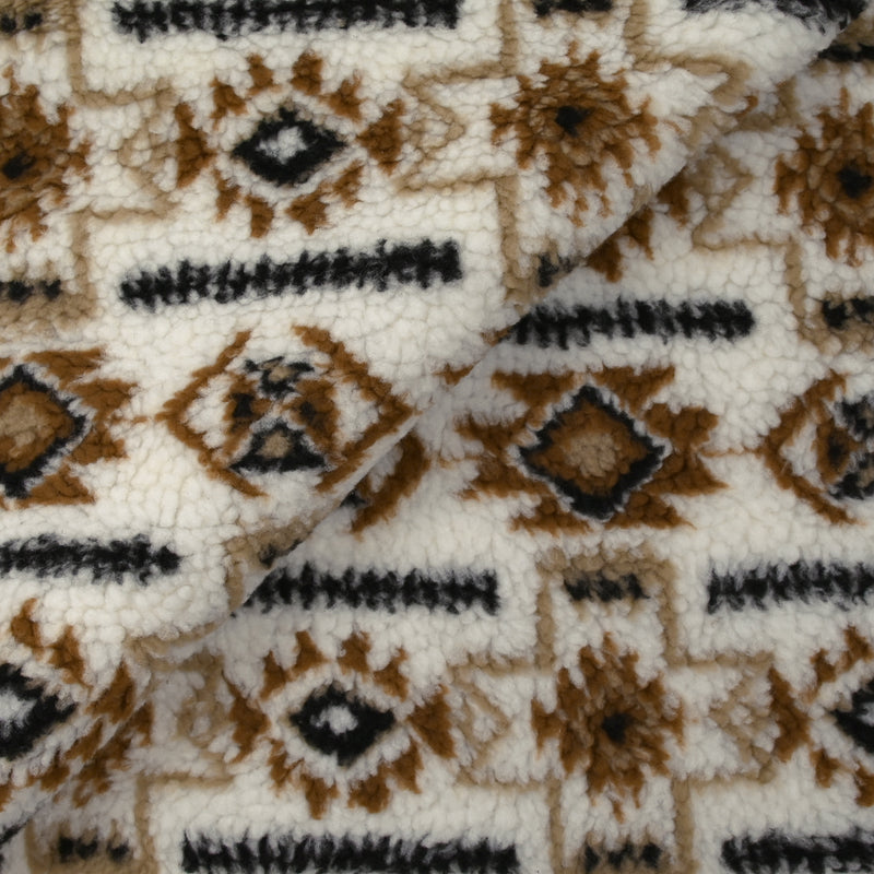 Fausse fourrure sherpa aztèque marron fond blanc cassé