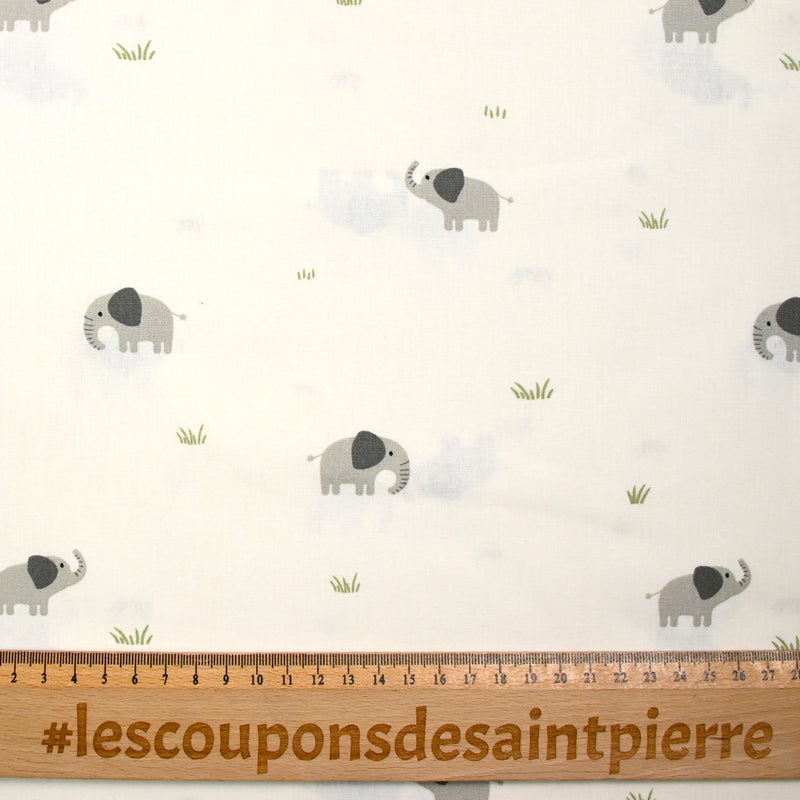 Coton imprimé éléphant fond écru
