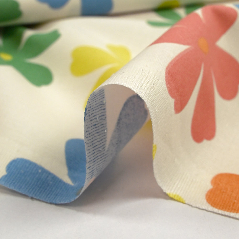 Coupon De Tissu Coton Fleuri Multicolore Sur Fond Jaune Pâle - 54 X 76 Cm, Neuf