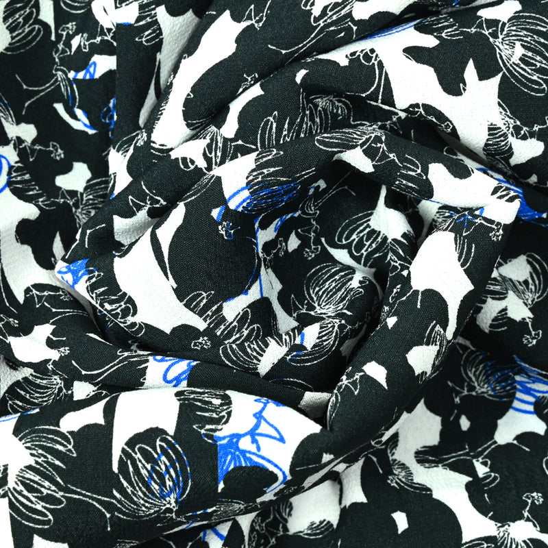 Crepe boceto de impresión viscosa de flores negras y azules