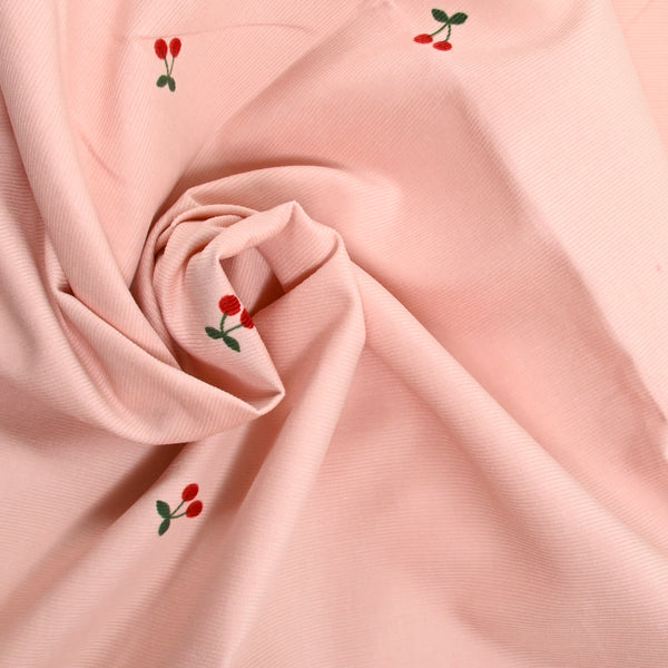 Velours de coton côtelé imprimé cerise fond rose
