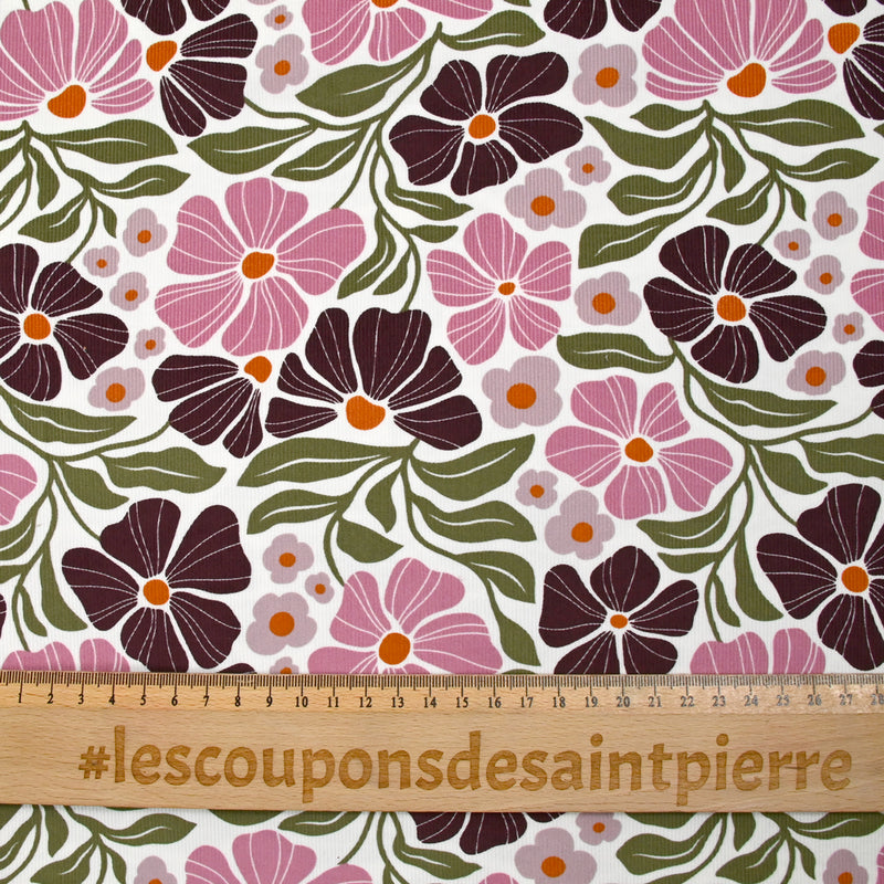 Velours de coton côtelé imprimé botanique rose sur fond blanc