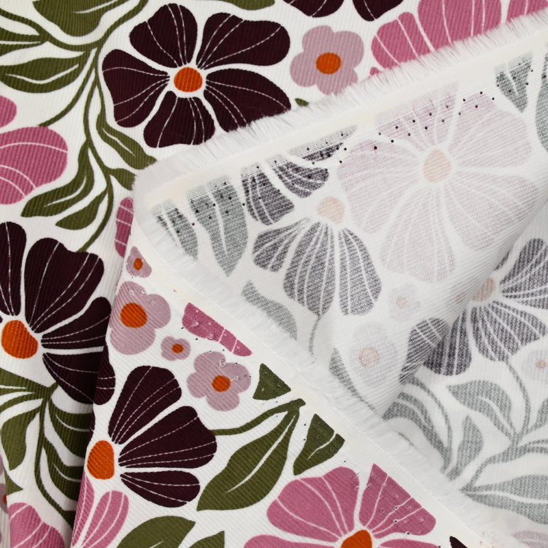 Velours de coton côtelé imprimé botanique rose sur fond blanc