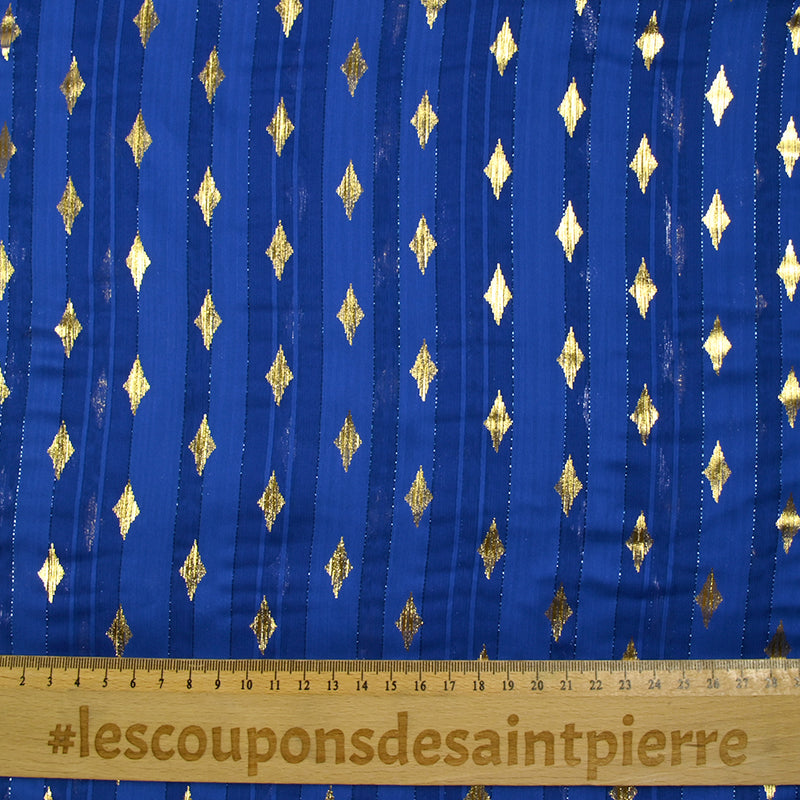 Mousseline imprimée bande satin losange doré fond bleu roi
