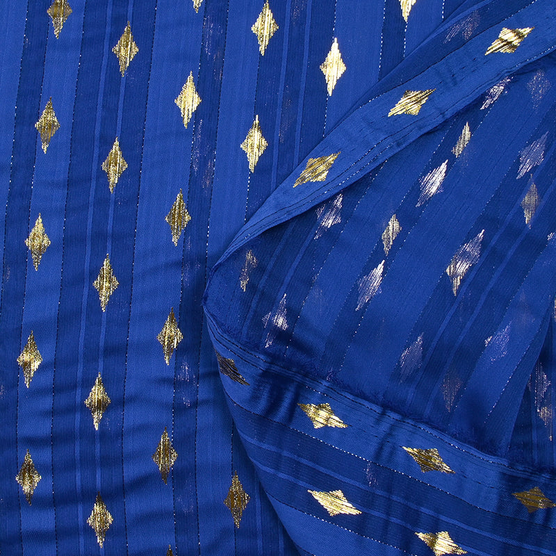 Mousseline imprimée bande satin losange doré fond bleu roi