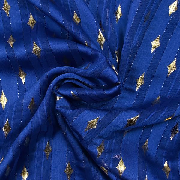 Mousseline imprimée bande satin losange doré fond bleu roi