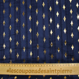Mousseline imprimée bande satin losange doré fond bleu marine