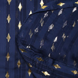 Mousseline imprimée bande satin losange doré fond bleu marine