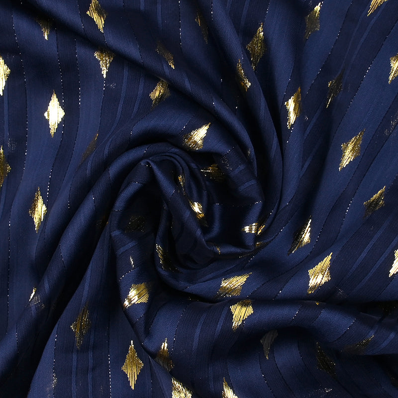Mousseline imprimée bande satin losange doré fond bleu marine