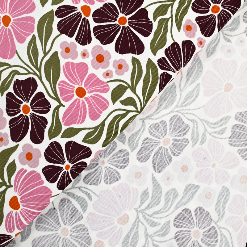 Velours de coton côtelé imprimé botanique rose sur fond blanc