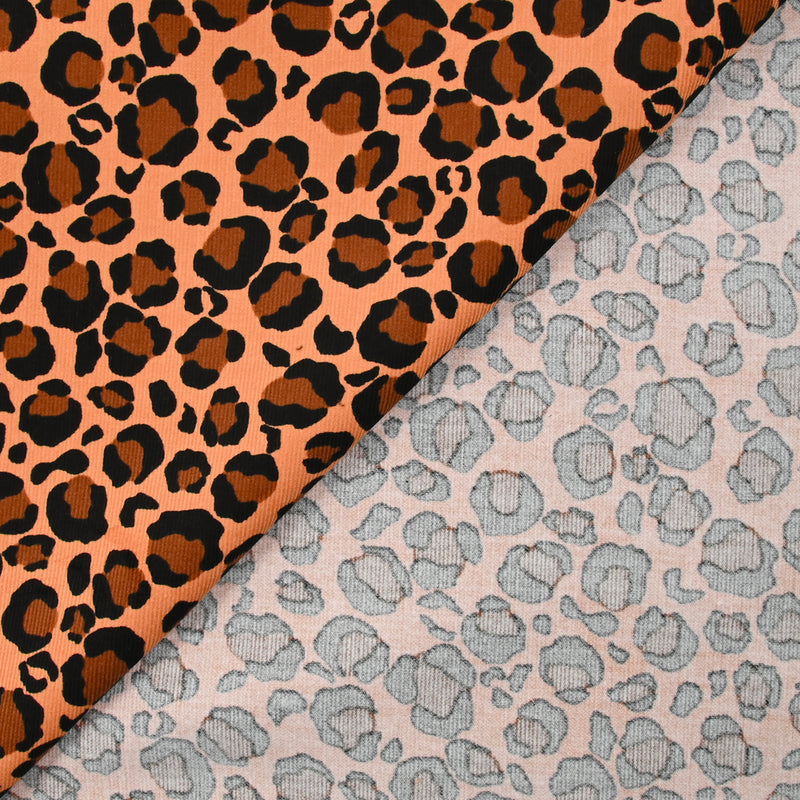 Velours de coton côtelé imprimé léopard fond camel