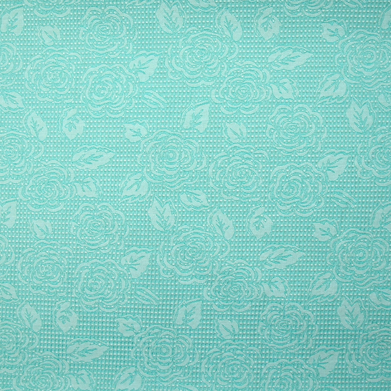 Jacquard nid d'abeille satiné fleurs turquoise et blanc