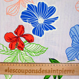 Lin viscose imprimé rayé parme et fleurs fond écru