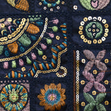 Satin lourd brodé et sequins patchwork fond marine au mètre