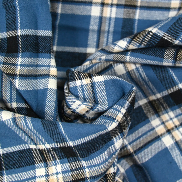 Flanelle de coton à carreaux Léon bleu acier et beige