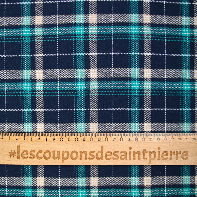 Flanelle de coton à carreaux Sam turquoise et bleu marine