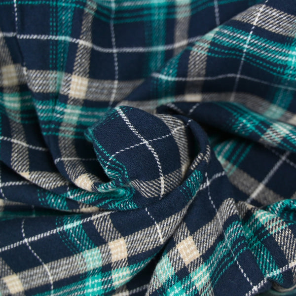 Flanelle de coton à carreaux Sam turquoise et bleu marine