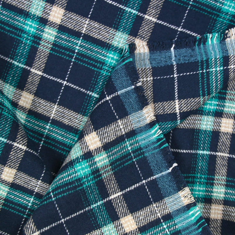 Flanelle de coton à carreaux Sam turquoise et bleu marine