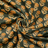 Velours ras imprimé ornement floral fond kaki foncé