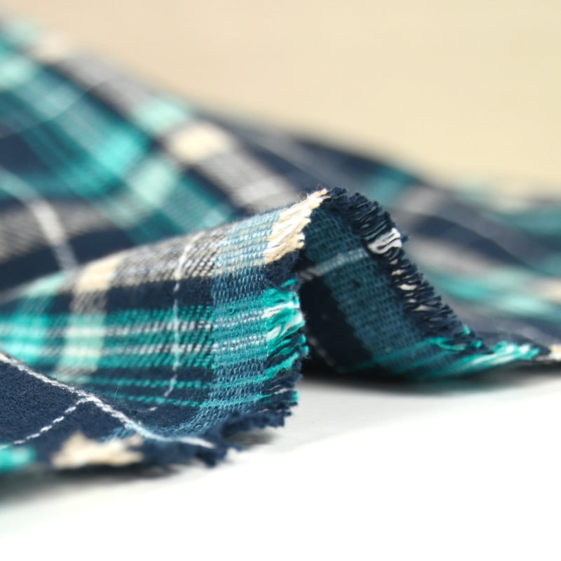 Flanelle de coton à carreaux Sam turquoise et bleu marine