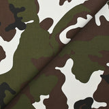 Satin de coton élasthanne militaire marron et kaki fond blanc