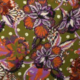 Twill de viscose imprimé fleurs paisley orange et violet fond kaki