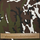 Satin de coton élasthanne militaire marron et kaki fond blanc