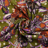 Twill de viscose imprimé fleurs paisley orange et violet fond kaki