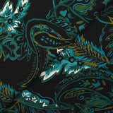Twill de viscose imprimé cachemire turquoise et kaki fond noir