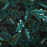 Twill de viscose imprimé cachemire turquoise et kaki fond noir