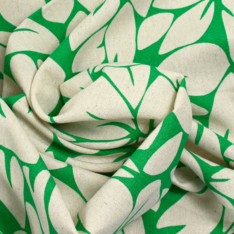 Linen Printed Viscose Storm of Leaves Green Background