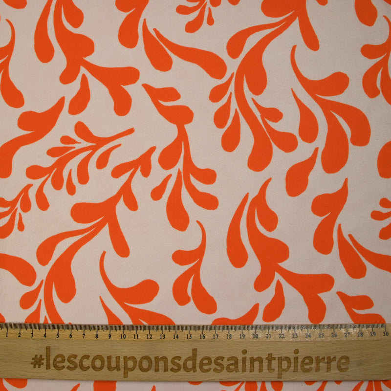 Jersey de velours ras imprimé branche rétro orange fond écru