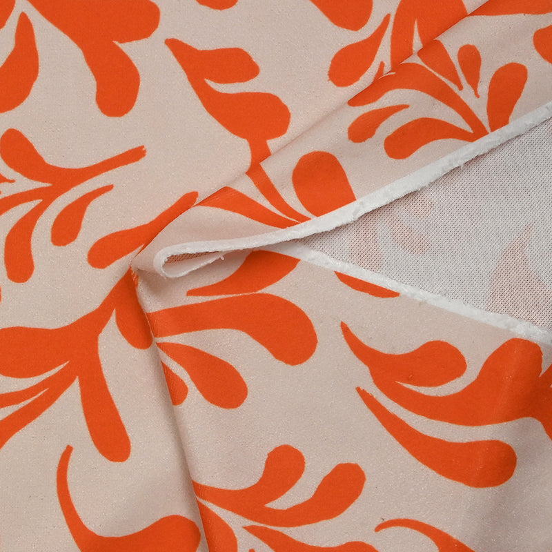 Jersey de velours ras imprimé branche rétro orange fond écru