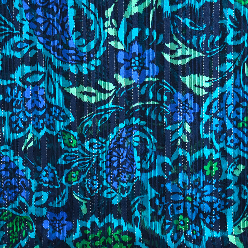 Mousseline imprimée lurex rayures satinées nature fond bleu